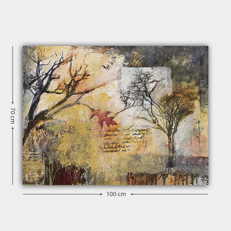 Lærred 70x100 cm - Abstrakt skildring af træer i et efterårslandskab med tekstelementer og farverige blade - Guld / Brun / Sort - Boligtilbehør - Billeder & kunst - Billeder på lærred