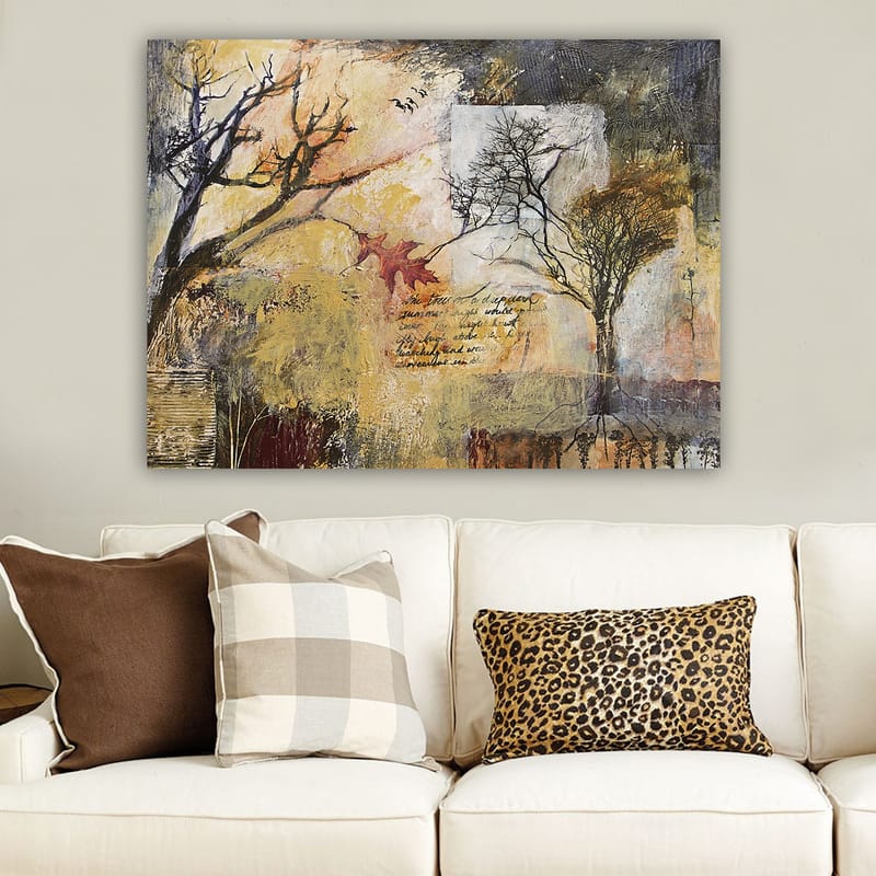 Lærred 70x100 cm - Abstrakt skildring af træer i et efterårslandskab med tekstelementer og farverige blade - Guld / Brun / Sort - Boligtilbehør - Billeder & kunst - Billeder på lærred