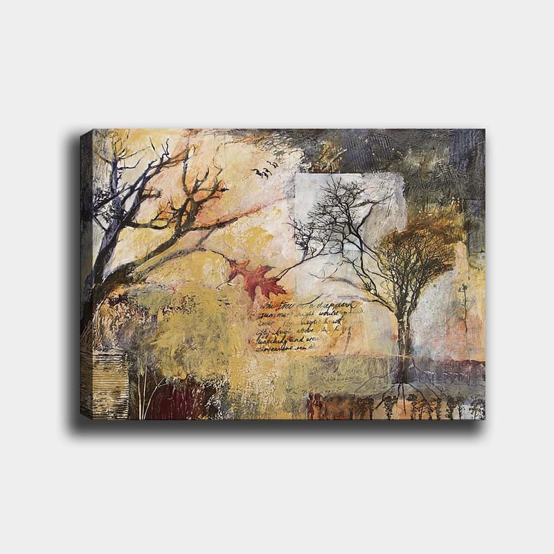 Lærred 70x100 cm - Abstrakt skildring af træer i et efterårslandskab med tekstelementer og farverige blade, Guld / Brun / Sort