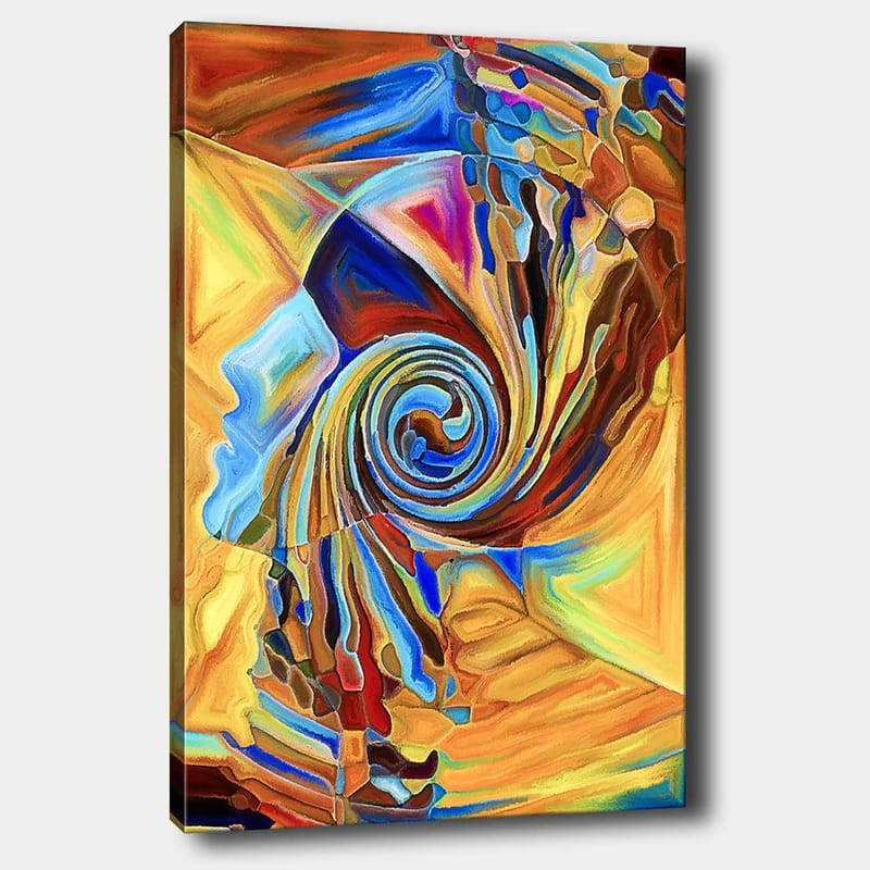 Lærred 70x100 cm - Abstrakt skulptur, der forestiller en spiralformet ansigtsprofil i varme farver, Orange / Blå / Brun