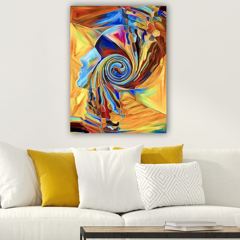 Lærred 70x100 cm - Abstrakt skulptur, der forestiller en spiralformet ansigtsprofil i varme farver - Orange / Blå / Brun - Boligtilbehør - Billeder & kunst - Billeder på lærred