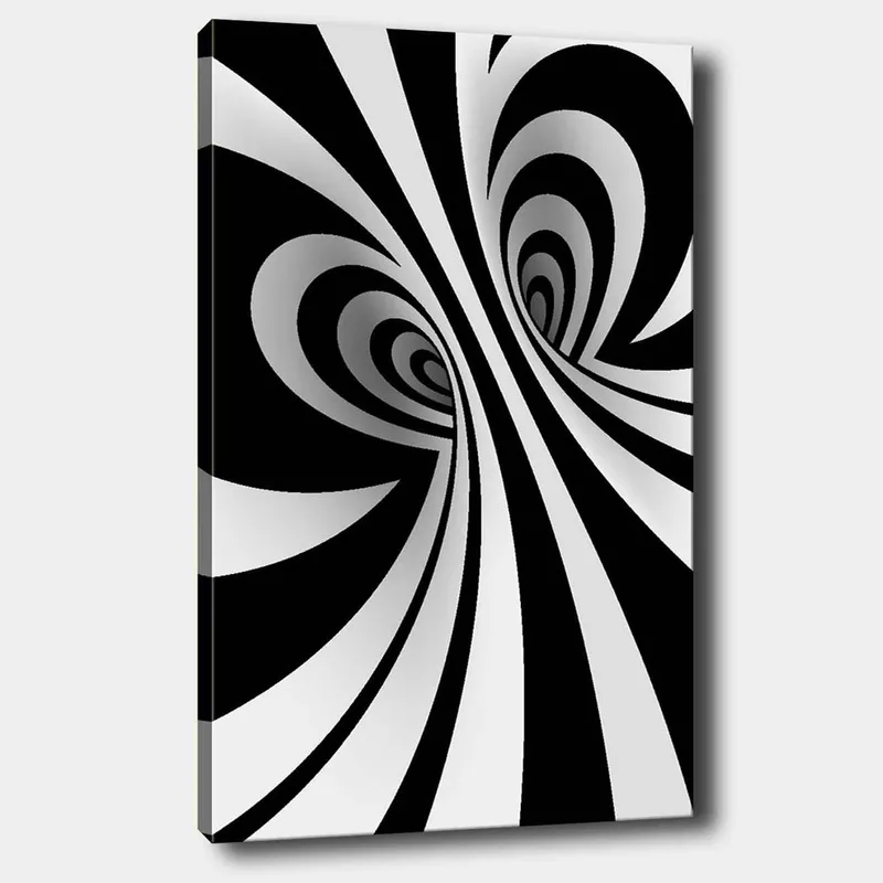 Lærred 70x100 cm - Abstrakt sort-hvidt mønster med buede linjer, der skaber en illusion af dybde, Sort / Hvid / Grå