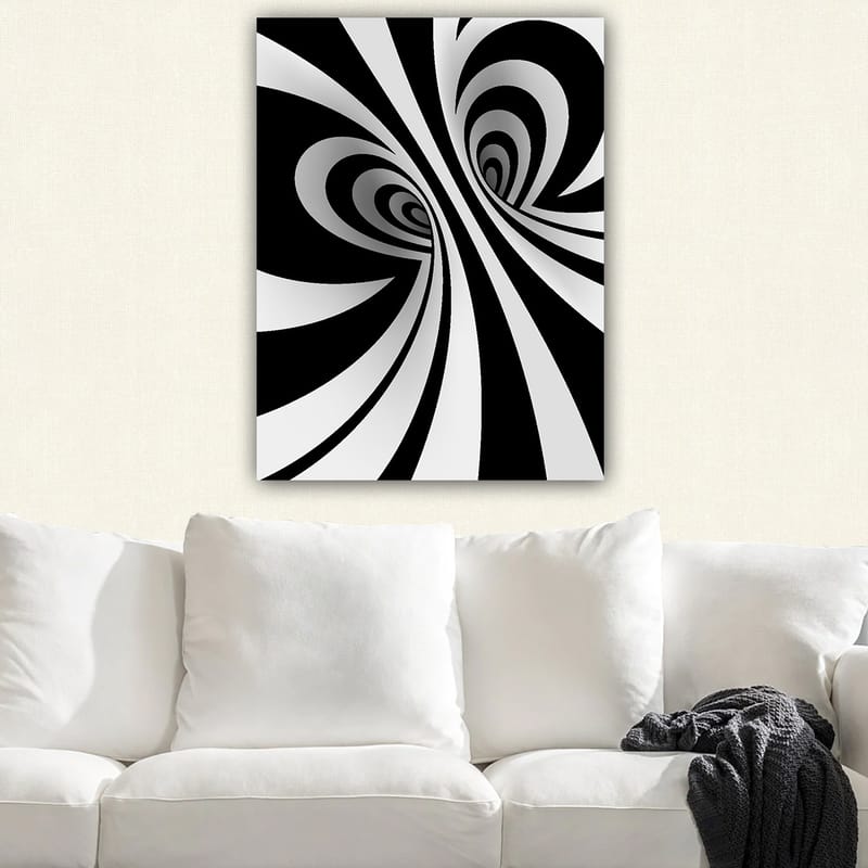 Lærred 70x100 cm - Abstrakt sort-hvidt mønster med buede linjer, der skaber en illusion af dybde - Sort / Hvid / Grå - Boligtilbehør - Billeder & kunst - Billeder på lærred