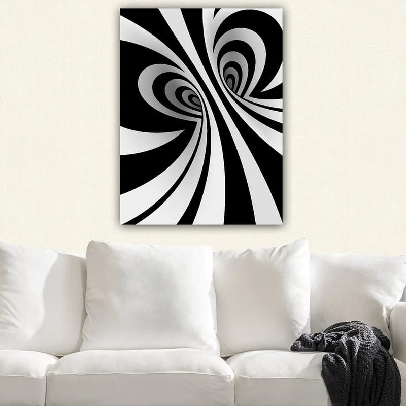 Lærred 70x100 cm - Abstrakt sort-hvidt mønster med buede linjer, der skaber en illusion af dybde - Sort / Hvid / Grå - Boligtilbehør - Billeder & kunst - Billeder på lærred