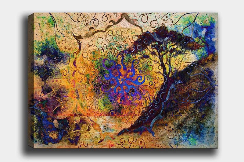 Lærred 70x100 cm - Abstrakt træ med spiraler og farverige mønstre i en drømmeagtig komposition, Blå / Orange / Lilla