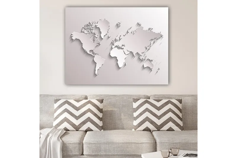 Lærred 70x100 cm - Abstrakt verdenskort i skulpturel stil, Hvid / Lysegrå
