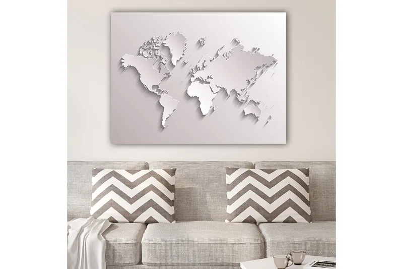 Lærred 70x100 cm - Abstrakt verdenskort i skulpturel stil, Hvid / Lysegrå