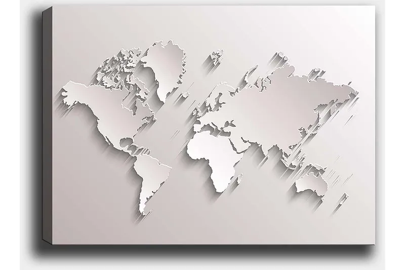 Lærred 70x100 cm - Abstrakt verdenskort i skulpturel stil - Hvid / Lysegrå - Boligtilbehør - Billeder & kunst - Billeder på lærred