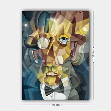 Lærred 70x100 cm - Abstrakt portræt af en mand i et elegant jakkesæt og et udtryksfuldt look - Guld / Blå / Beige - Boligtilbehør - Billeder & kunst - Billeder på lærred