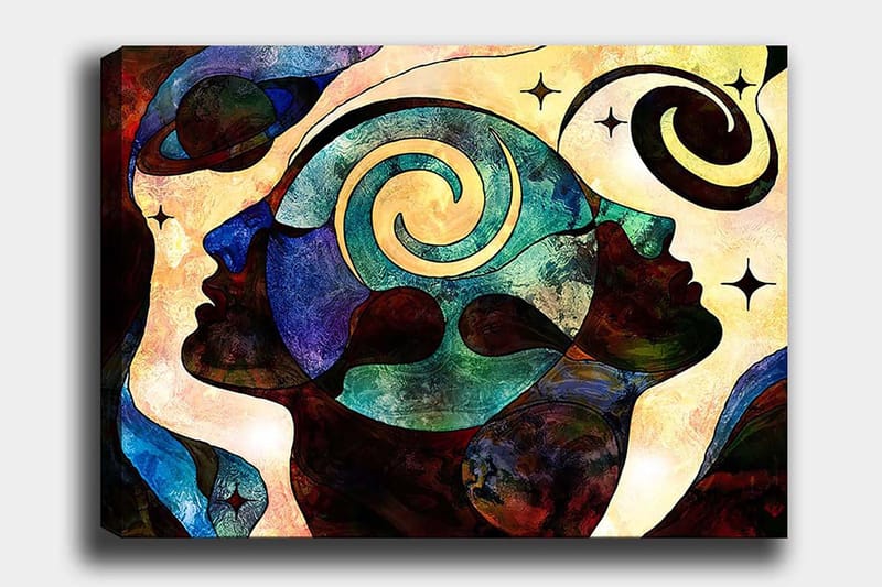 Lærred 70x100 cm - Abstrakt portræt af ansigter med spiralmotiver, der symboliserer tanker og følelser, Mørkeblå / Grøn / Brun