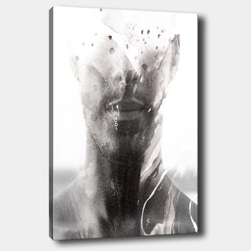 Lærred 70x100 cm - Abstrakt portræt af en mand med slørede og flydende linjer, der skaber en drømmeagtig følelse, Sort / Grå / Hvid