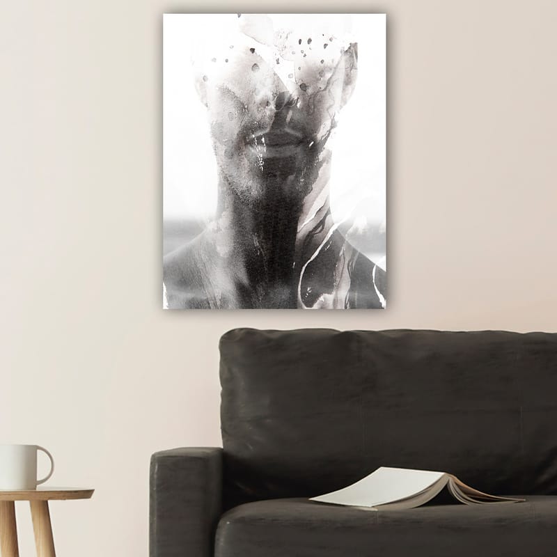 Lærred 70x100 cm - Abstrakt portræt af en mand med slørede og flydende linjer, der skaber en drømmeagtig følelse - Sort / Grå / Hvid - Boligtilbehør - Billeder & kunst - Billeder på lærred