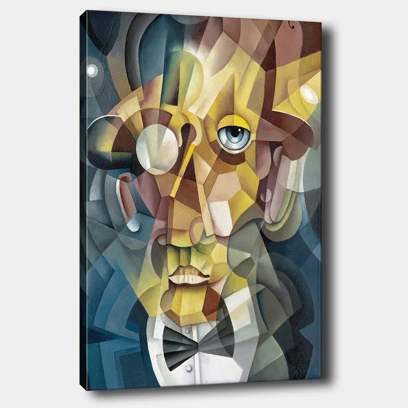 Lærred 70x100 cm - Abstrakt portræt af en mand i et elegant jakkesæt og et udtryksfuldt look, Guld / Blå / Beige