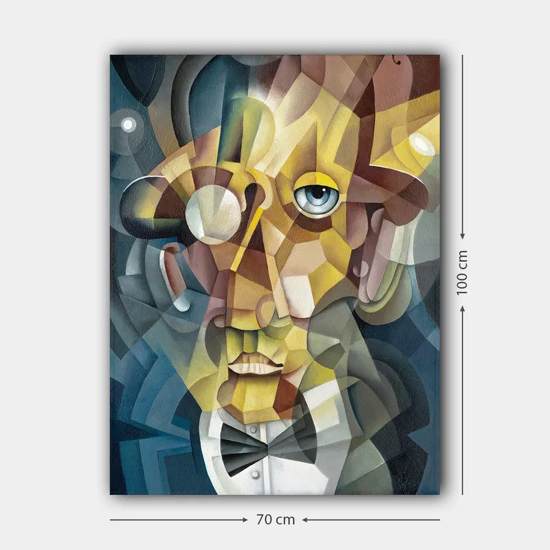 Lærred 70x100 cm - Abstrakt portræt af en mand i et elegant jakkesæt og et udtryksfuldt look - Guld / Blå / Beige - Boligtilbehør - Billeder & kunst - Billeder på lærred