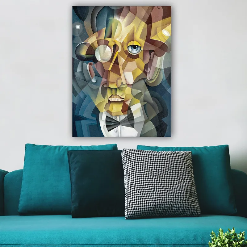 Lærred 70x100 cm - Abstrakt portræt af en mand i et elegant jakkesæt og et udtryksfuldt look - Guld / Blå / Beige - Boligtilbehør - Billeder & kunst - Billeder på lærred