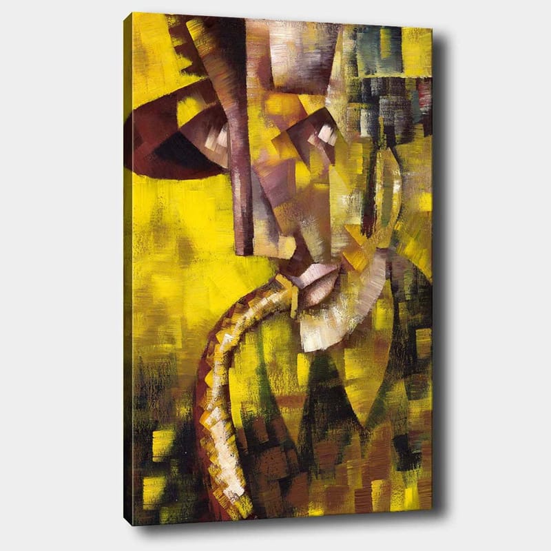 Lærred 70x100 cm - Abstrakt portræt af en musiker, der spiller saxofon, med fokus på ansigtets og instrumentets former, Gul / Brun / Sort