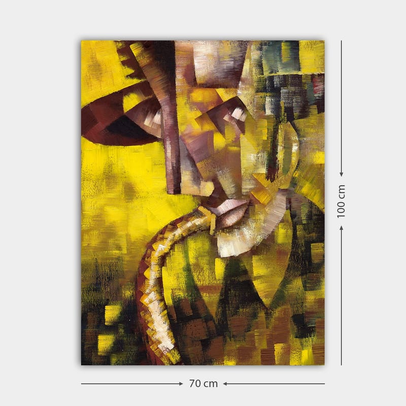Lærred 70x100 cm - Abstrakt portræt af en musiker, der spiller saxofon, med fokus på ansigtets og instrumentets former - Gul / Brun / Sort - Boligtilbehør - Billeder & kunst - Billeder på lærred