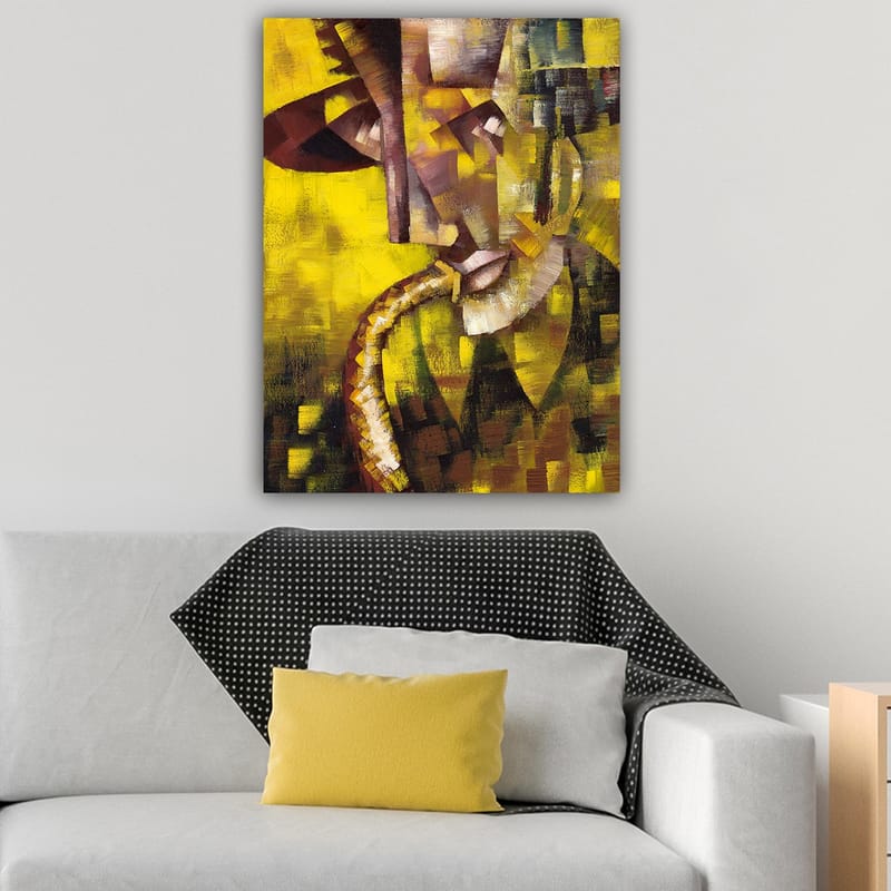 Lærred 70x100 cm - Abstrakt portræt af en musiker, der spiller saxofon, med fokus på ansigtets og instrumentets former - Gul / Brun / Sort - Boligtilbehør - Billeder & kunst - Billeder på lærred