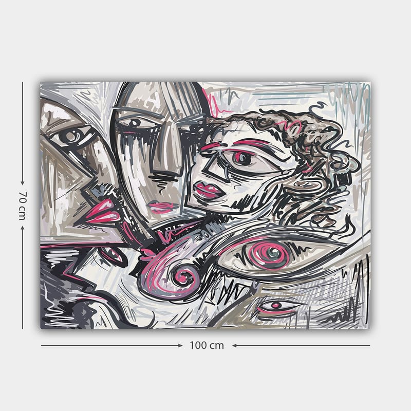 Lærred 70x100 cm - Abstrakt portræt af ansigter med følelsesladede udtryk - Grå / Lyserød / Sort - Boligtilbehør - Billeder & kunst - Billeder på lærred