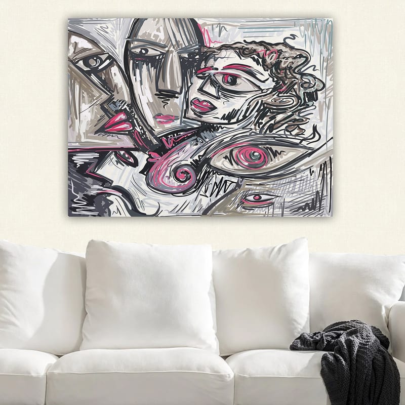 Lærred 70x100 cm - Abstrakt portræt af ansigter med følelsesladede udtryk - Grå / Lyserød / Sort - Boligtilbehør - Billeder & kunst - Billeder på lærred