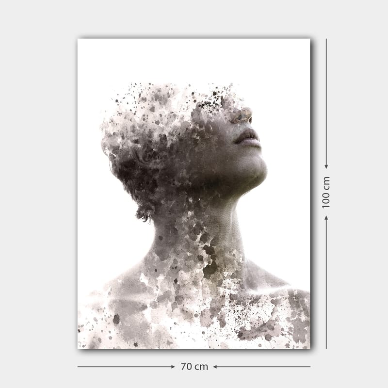 Lærred 70x100 cm - Abstrakt portræt af en person, hvor ansigtet gradvist forsvinder i en tåge af farver og former - Grå / Sort / Hvid - Boligtilbehør - Billeder & kunst - Billeder på lærred