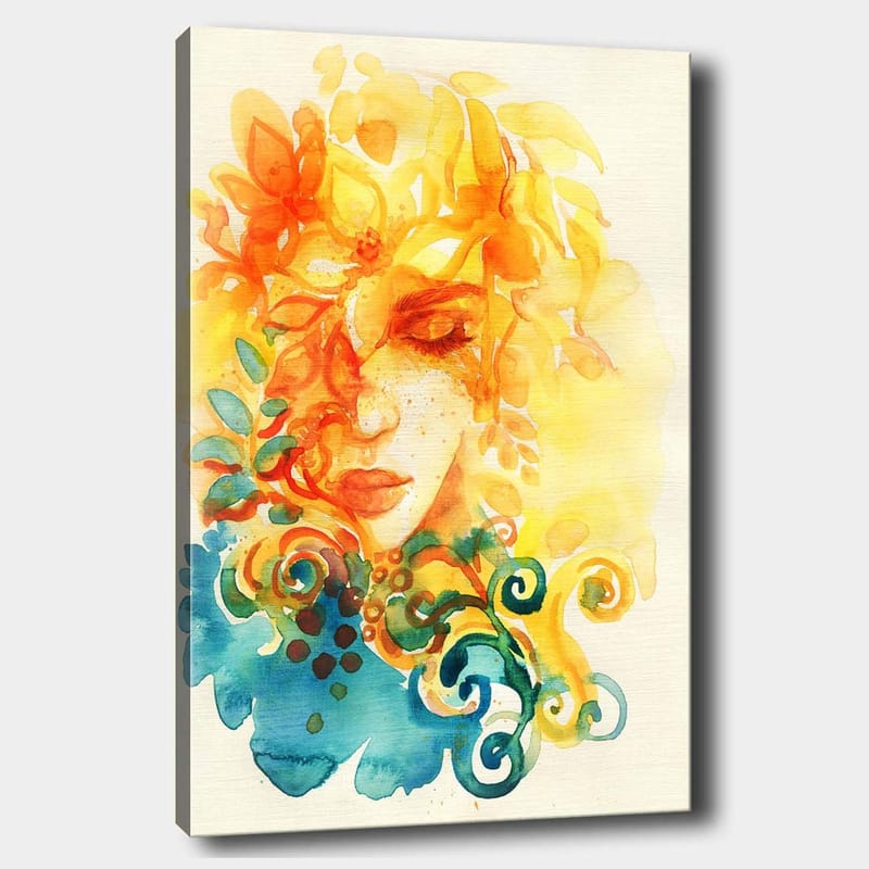 Lærred 70x100 cm - Abstrakt portræt af en kvinde med blomster og blade i gult og orange - Gul / Orange / Blå - Boligtilbehør - Billeder & kunst - Billeder på lærred