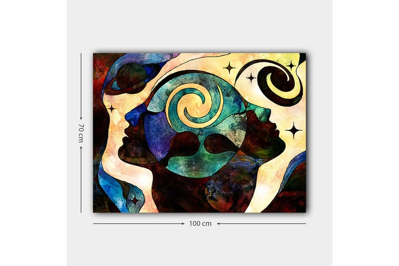 Lærred 70x100 cm - Abstrakt portræt af ansigter med spiralmotiver, der symboliserer tanker og følelser - Mørkeblå / Grøn / Brun - Boligtilbehør - Billeder & kunst - Billeder på lærred