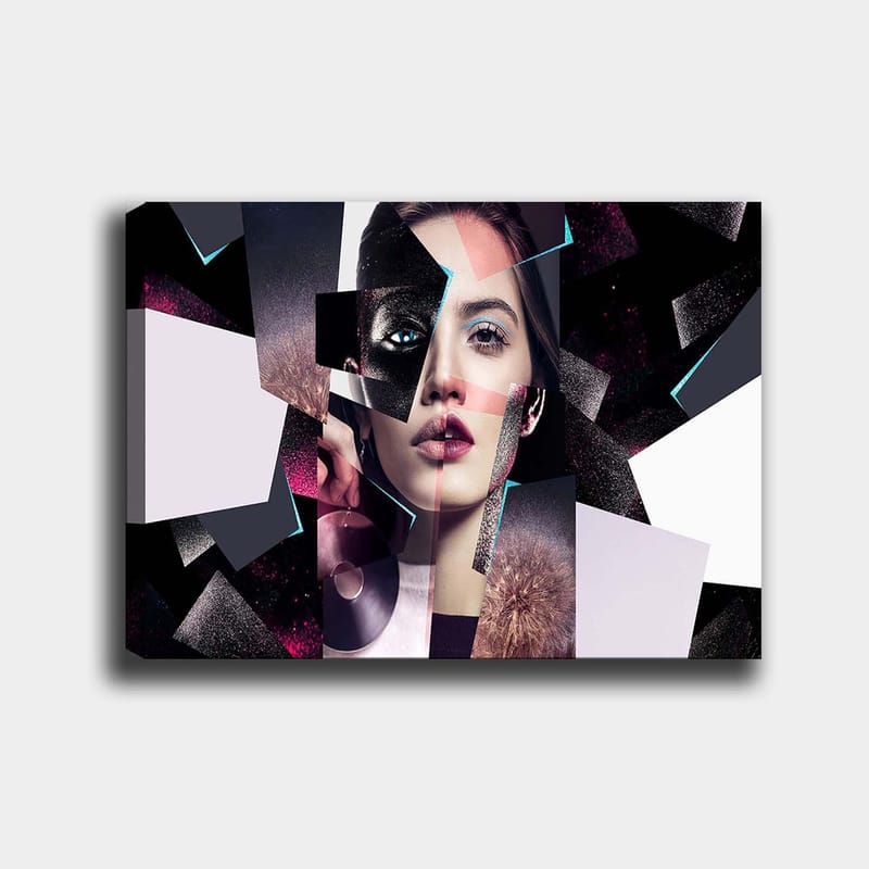 Lærred 70x100 cm - Abstrakt portrætkomposition af en kvinde med geometriske former og kontrasterende farver, Sort / Hvid / Lyserød