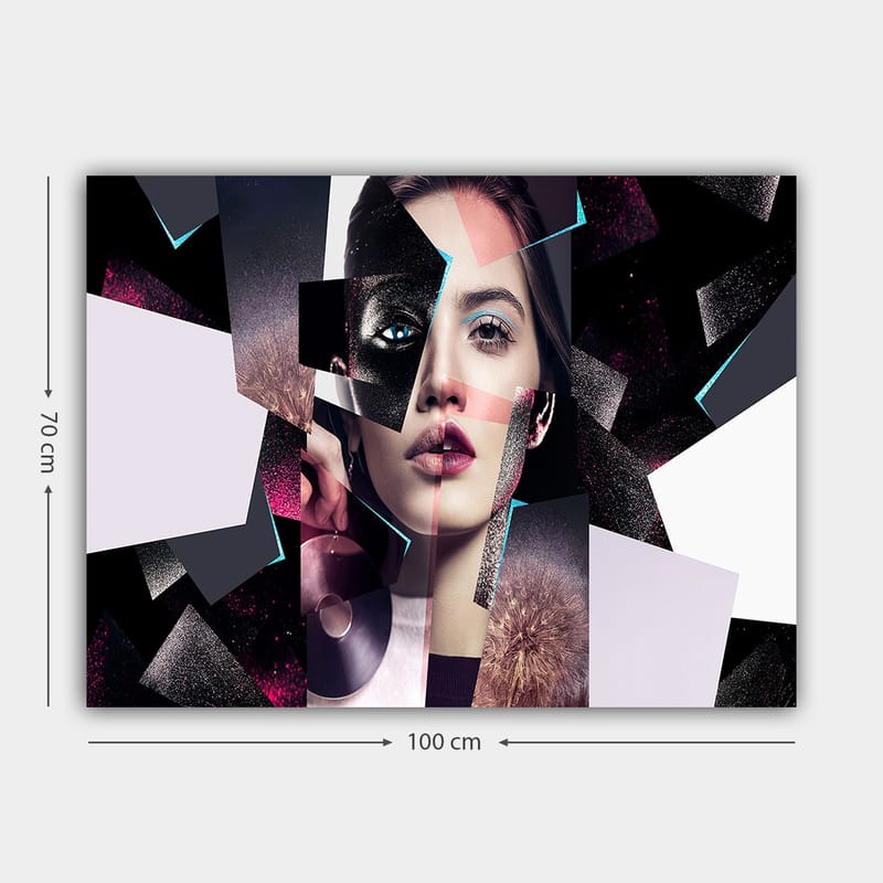 Lærred 70x100 cm - Abstrakt portrætkomposition af en kvinde med geometriske former og kontrasterende farver - Sort / Hvid / Lyserød - Boligtilbehør - Billeder & kunst - Billeder på lærred