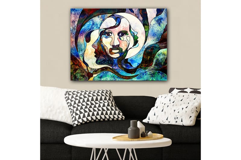 Lærred 70x100 cm - Abstrakt portræt af en kvinde med flydende linjer og farver - Blå / Grøn / Rød - Boligtilbehør - Billeder & kunst - Billeder på lærred