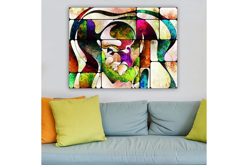 Lærred 70x100 cm - Abstrakt portræt med farverige former og linjer - Grøn / Rød / Lilla - Boligtilbehør - Billeder & kunst - Billeder på lærred