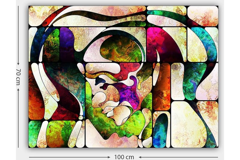 Lærred 70x100 cm - Abstrakt portræt med farverige former og linjer - Grøn / Rød / Lilla - Boligtilbehør - Billeder & kunst - Billeder på lærred