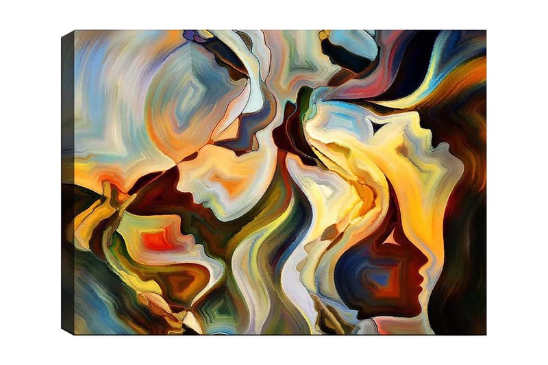 Lærred 70x100 cm - Abstrakt portræt af ansigter der smelter sammen til en dynamisk komposition, Guld / Mørkegrøn / Rød