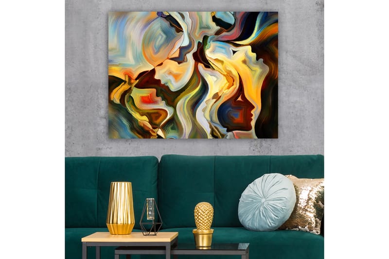 Lærred 70x100 cm - Abstrakt portræt af ansigter der smelter sammen til en dynamisk komposition - Guld / Mørkegrøn / Rød - Boligtilbehør - Billeder & kunst - Billeder på lærred