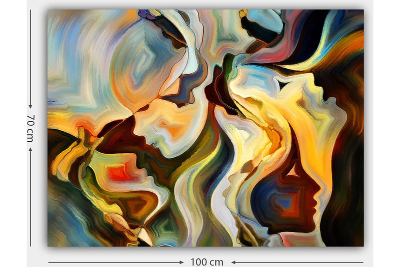 Lærred 70x100 cm - Abstrakt portræt af ansigter der smelter sammen til en dynamisk komposition - Guld / Mørkegrøn / Rød - Boligtilbehør - Billeder & kunst - Billeder på lærred