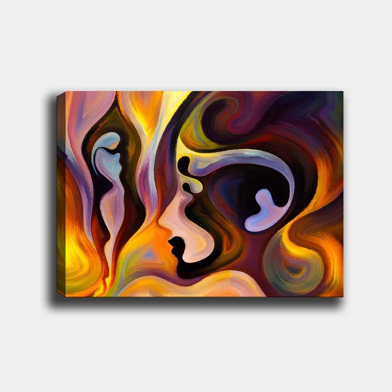 Lærred 70x100 cm - Abstrakt portræt med sammenflettede ansigtsformer og farver, der udtrykker følelser, Mørkelilla / Orange / Lyseblå