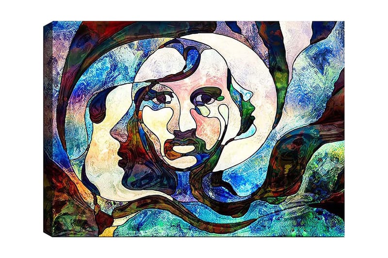 Lærred 70x100 cm - Abstrakt portræt af en kvinde med flydende linjer og farver, Blå / Grøn / Rød