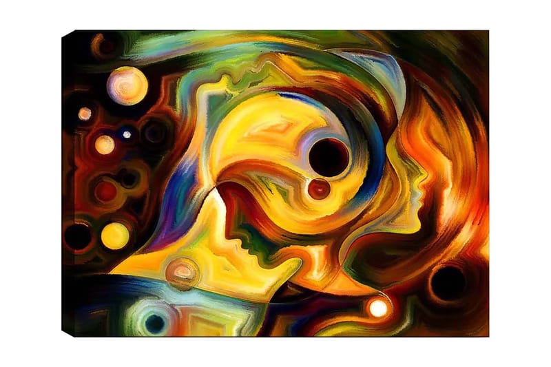 Lærred 70x100 cm - Abstrakt portræt af to ansigter forenet i en farverig komposition, Guld / Rød / Sort