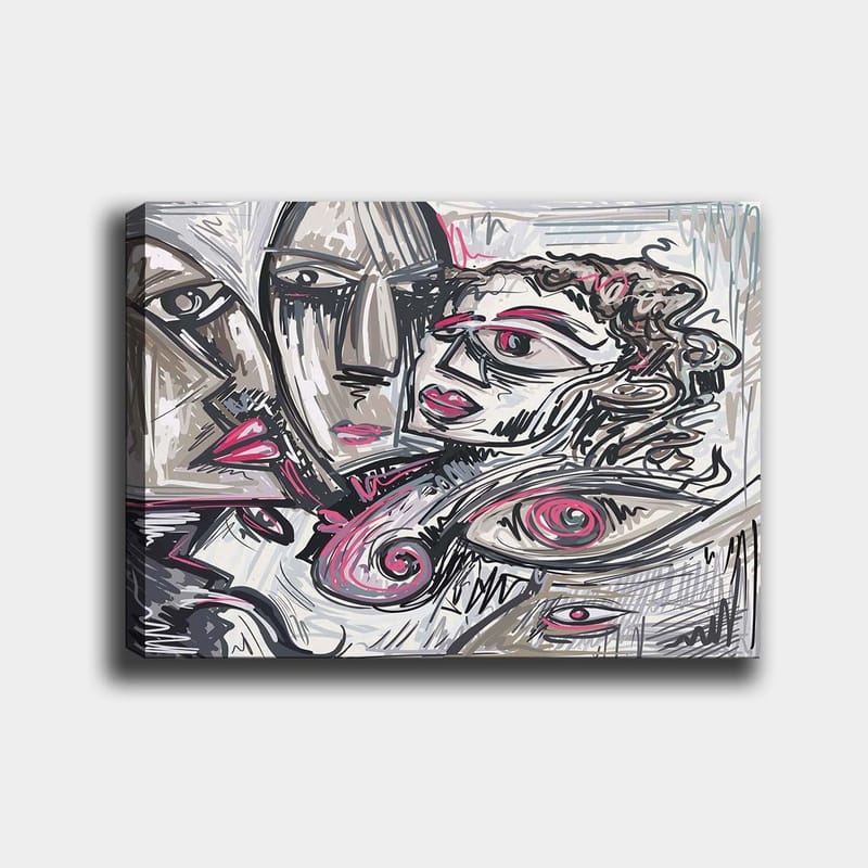 Lærred 70x100 cm - Abstrakt portræt af ansigter med følelsesladede udtryk, Grå / Lyserød / Sort