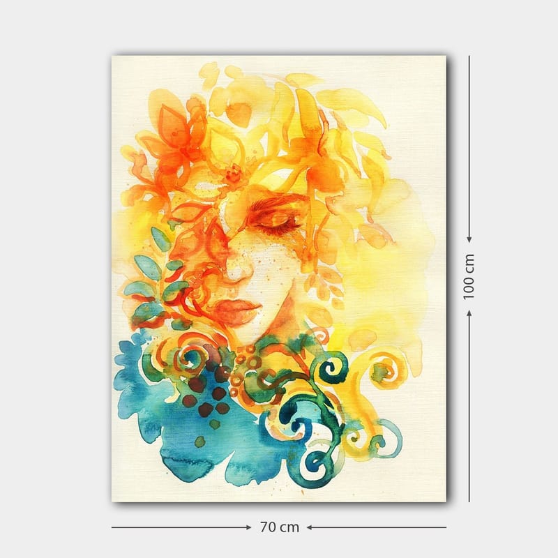 Lærred 70x100 cm - Abstrakt portræt af en kvinde med blomster og blade i gult og orange - Gul / Orange / Blå - Boligtilbehør - Billeder & kunst - Billeder på lærred