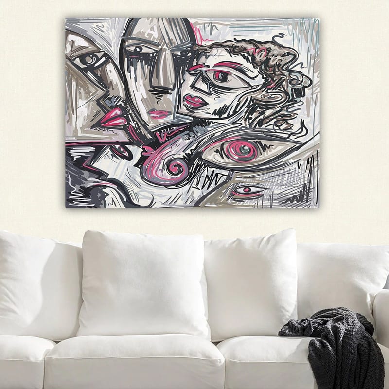 Lærred 70x100 cm - Abstrakt portræt af ansigter med følelsesladede udtryk - Grå / Lyserød / Sort - Boligtilbehør - Billeder & kunst - Billeder på lærred