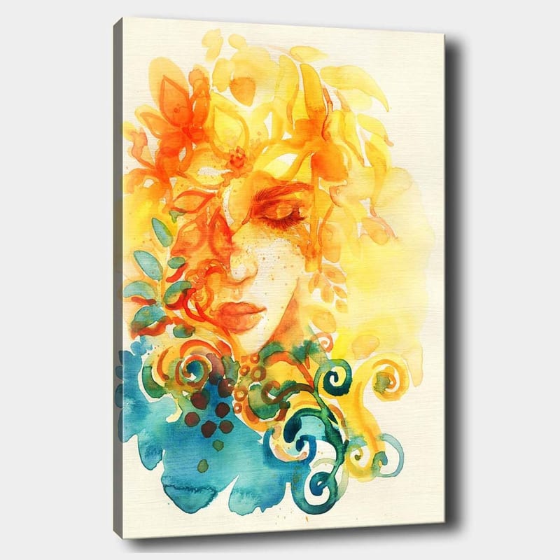 Lærred 70x100 cm - Abstrakt portræt af en kvinde med blomster og blade i gult og orange, Gul / Orange / Blå