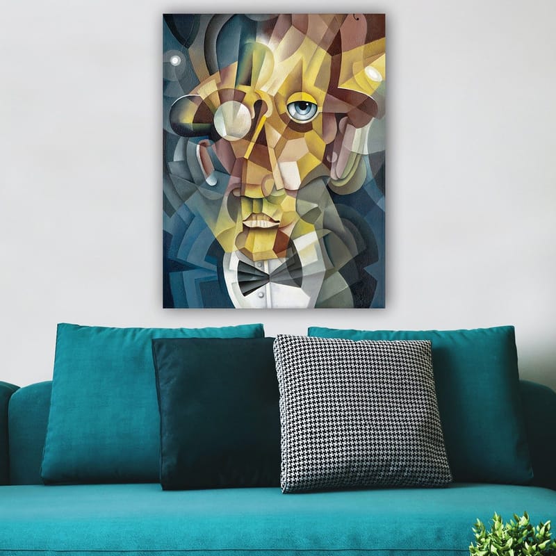 Lærred 70x100 cm - Abstrakt portræt af en mand i et elegant jakkesæt og et udtryksfuldt look - Guld / Blå / Beige - Boligtilbehør - Billeder & kunst - Billeder på lærred