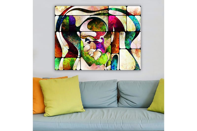 Lærred 70x100 cm - Abstrakt portræt med farverige former og linjer - Grøn / Rød / Lilla - Boligtilbehør - Billeder & kunst - Billeder på lærred
