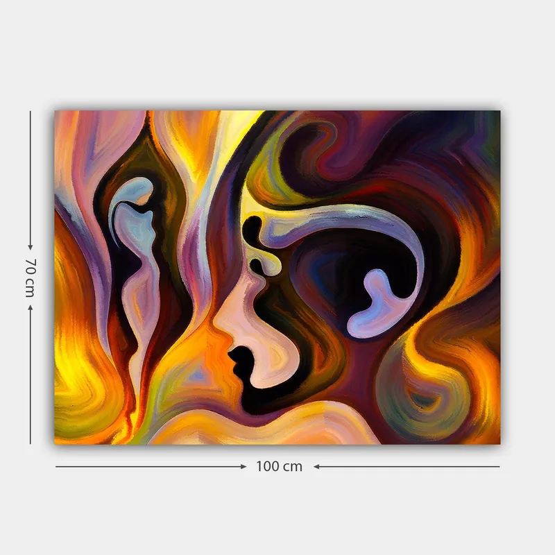 Lærred 70x100 cm - Abstrakt portræt med sammenflettede ansigtsformer og farver, der udtrykker følelser - Mørkelilla / Orange / Lyseblå - Boligtilbehør - Billeder & kunst - Billeder på lærred