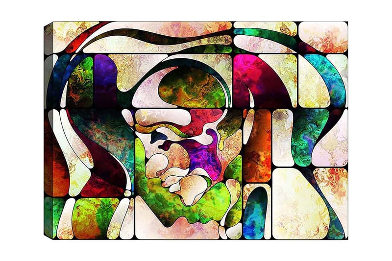 Lærred 70x100 cm - Abstrakt portræt med farverige former og linjer, Grøn / Rød / Lilla