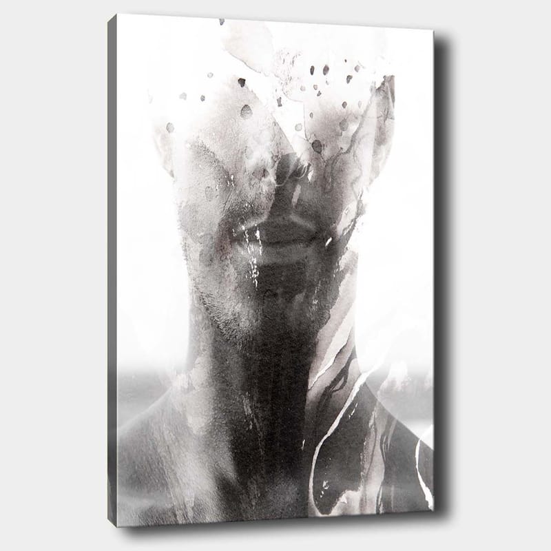 Lærred 70x100 cm - Abstrakt portræt af en mand med slørede og flydende linjer, der skaber en drømmeagtig følelse, Sort / Grå / Hvid