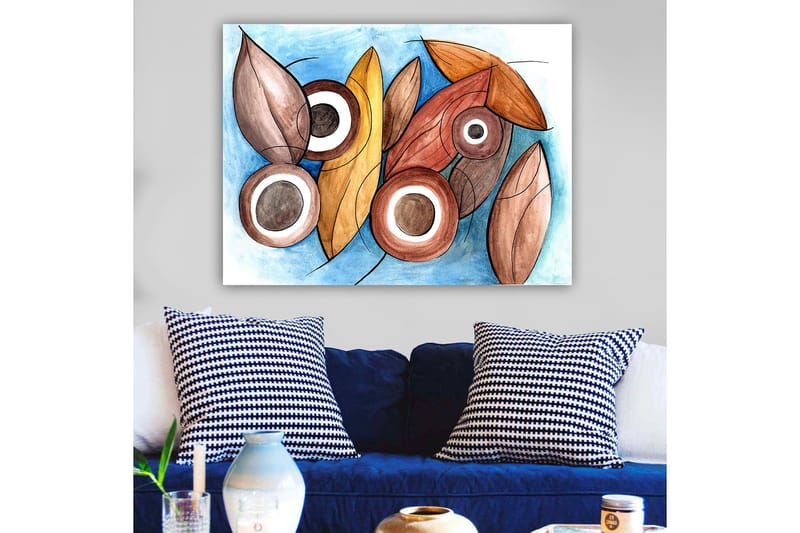 Lærred 70x100 cm - Abstrakte former af blade og cirkler i harmoniske farver - Brun / Beige / Hvid - Boligtilbehør - Billeder & kunst - Billeder på lærred