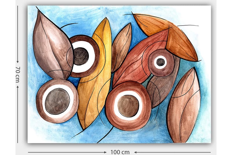 Lærred 70x100 cm - Abstrakte former af blade og cirkler i harmoniske farver - Brun / Beige / Hvid - Boligtilbehør - Billeder & kunst - Billeder på lærred