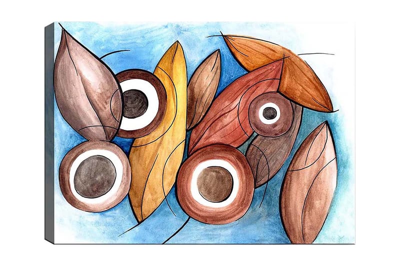 Lærred 70x100 cm - Abstrakte former af blade og cirkler i harmoniske farver, Brun / Beige / Hvid